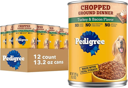Pedigree Chopped Ground Dinner Adult Soft Wet Dog Food Turkey & Bacon Dinner, Canned Dog Food, 13.2 oz. Cans, 12 Count
