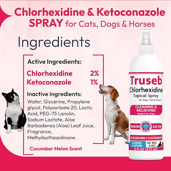 Pet Health Pharma Truseb Topical Ketoconazole and Chlorhexidine Spray for Dogs, Cats, and Horses with Essential Fatty Acids, Aloe and Vitamin E- 16 oz (Ketoconazole & Chlorhexidine Spray, 16 oz)