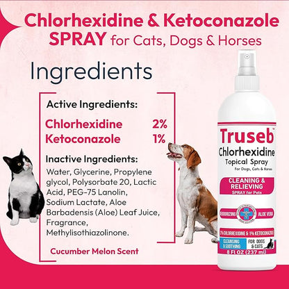 Truseb Advanced Strength Medicated Chlorhexidine for Dogs Cats Horses Skin Spray with Aloe Vera - Medicated Ketoconazole Spray for Skin Irritation, Hot Spots, Redne (Medicated Ketoconazole Spray, 8oz)