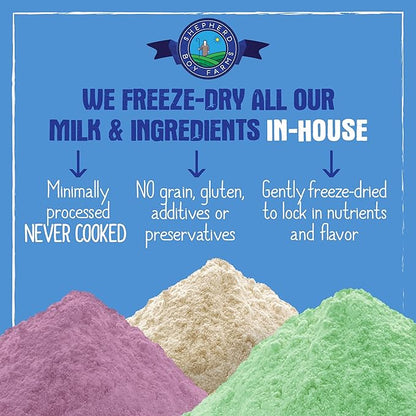 Shepherd Boy Farms Freeze Dried Raw Goats Milk with Probiotics for Dogs & Cats (Golden Blend), Organic USA Veggies & Fruits, High Protein, Digestible Goat Milk Powder, Food Toppers - Makes 32 FL OZ