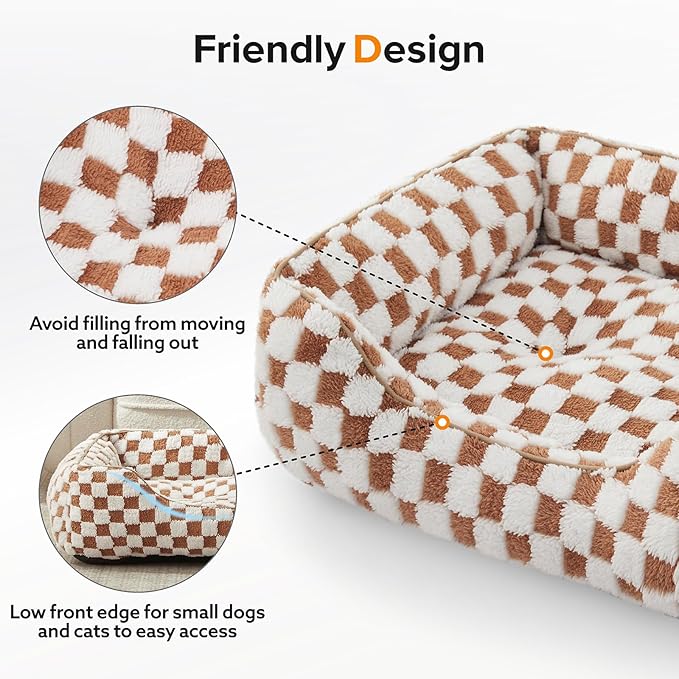 JOEJOY Dog Beds for Small Dogs -Cute Cat Beds for Indoor Cats Calming Pet Beds, Rectangle Orthopedic Cuddle Puppy Bed with Jacquard Shaggy Plush & Anti Slip Bottom, 20x19x6inches, Brown