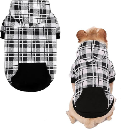 EXPAWLORER Plaid Dog Hoodie - British Style Warm Dog Sweater Shirt with Leash Hole,Pitbull Clothes Outfits,Winter Coat Apparel for All Breeds Puppy Girl Boy-Cat Apparel,Black & White X-Small