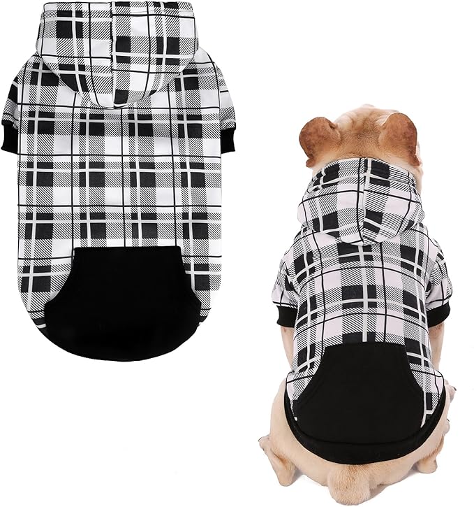 EXPAWLORER Plaid Dog Hoodie - British Style Warm Dog Sweater Shirt with Leash Hole,Pitbull Clothes Outfits,Winter Coat Apparel for All Breeds Puppy Girl Boy-Cat Apparel,Black & White Small