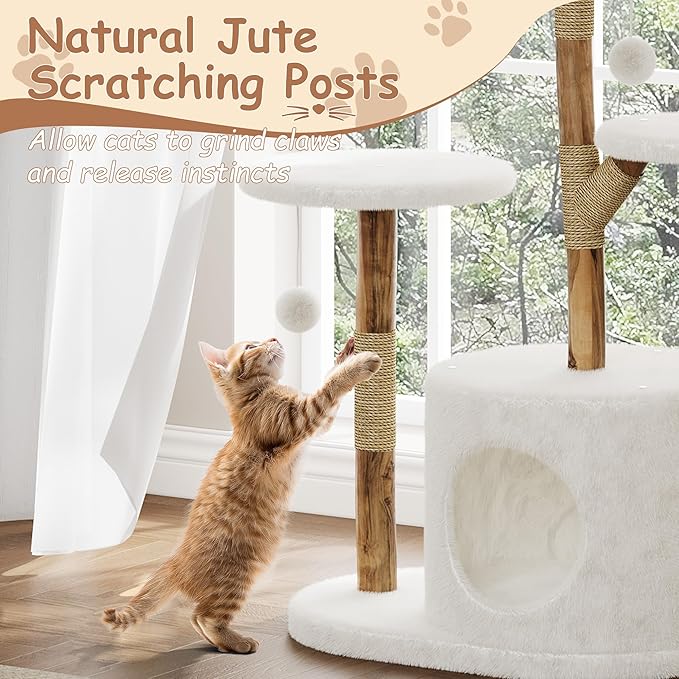 46-Inch Luxury Wooden Cat Tree Tower for Large Cats – Modern Real Branch Cat Condo with Spacious Basket, Sturdy Scratching Posts & Hanging Poms – Deluxe Indoor Cat Furniture