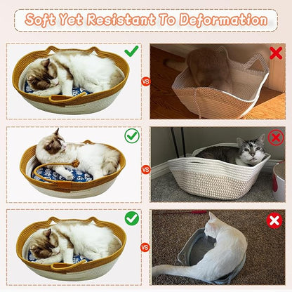 Pet Beds for Cats, Cat Beds for Indoor Cats 19.69"×13.78"×6.30",Cotton Rope Oval Cat Bed for All Seasons (with Cooler Straw Mat and Cotton Mat Both), Suitable for Cats＆Dogs (Brown, Small)