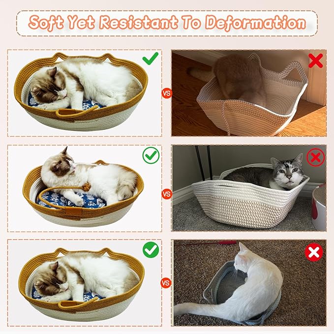 Pet Beds for Cats, Cat Beds for Indoor Cats 19.69"×13.78"×6.30",Cotton Rope Oval Cat Bed for All Seasons (with Cooler Straw Mat and Cotton Mat Both), Suitable for Cats＆Dogs (Brown, Medium)