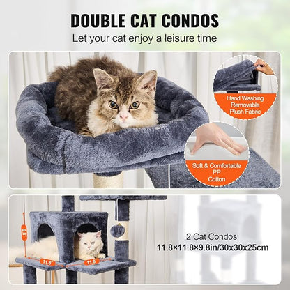 VEVOR Cat Tree for Indoor Cats, 63" Cat Tower with 2 Cat Condos, Sisal Scratching Post, Hammock, Top Perch, Jumping Platforms, Large Cat Furniture Activity Center with Hang Ball, Dark Grey
