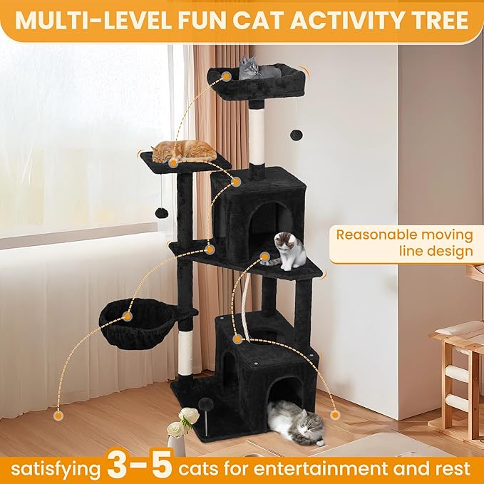 Cat Tree, 54-Inch Cat Tower for Indoor Cats, Soft Plush Multi-Level Climbing Cat Condo with Scratching Posts, Basket, Perches,2 Caves,2 Pompoms Play House for Cat(Black)