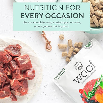 The New Zealand Natural Pet Food Co. Woof Freeze Dried Dog Food - Wild Goat Recipe, High Protein, Complete Diet, Dog Treats, All Life Stages - 1.76 oz