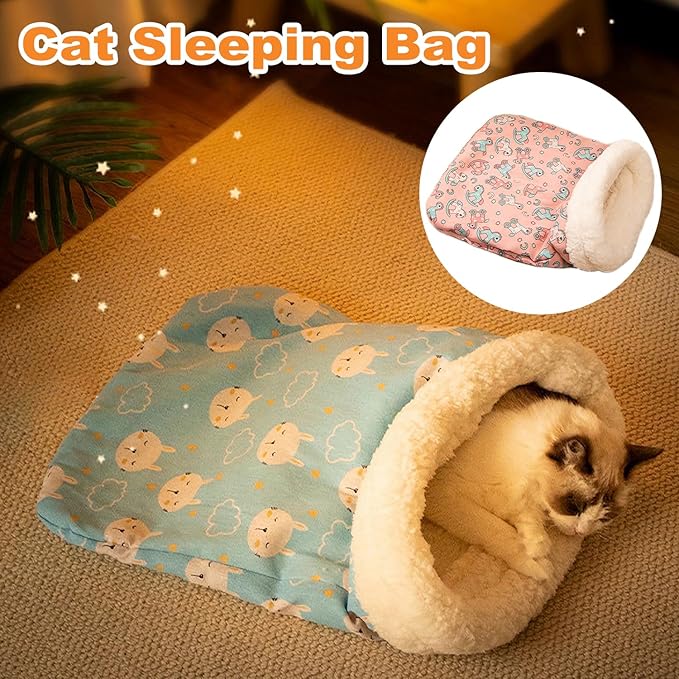 2pcs Winter Cat Sleeping Bag, Portable Warm Feline Bed,Warming, Soft Plush Cat Cave Bed Self-Sack for Indoor Cats Small Dogs 1-10kg（Pink&Blue,19.7x17.7in）