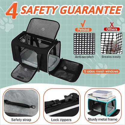 Petskd Small Pet Carrier with Wheels(18" L x 13" W x 9.5" H), Southwest Airlines Approved, Rolling Pet Carrier for Small Dogs & Cats (Black)