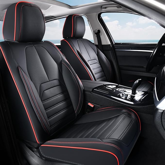 Coverado Car Seat Covers Front Seats, Automotive Seat Covers, Waterproof Nappa Leather Car Seat Cover, Car Seat Cushion, Black Redline Seat Covers Carseat Cover Universal Fit for Most Cars