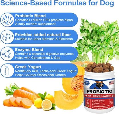Probiotics for Dogs 200 Chews - Dog Probiotics with 6 Digestive Enzymes,4 Prebiotics,11 Billion CFUs, Colostrum - for Gut Gas Health, Yeast Balance, Skin & Coat, Seasonal Allergies Immune Support