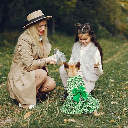 St. Patrick's Day Dog Costume Dress M – Lucky Clover and Horseshoe Design with Green Bow, Pet Outfit for 8-9 lbs Dogs and Cats, Holiday Party Clothes