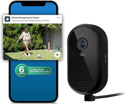 Arlo Essential Security Camera 2K (2025 Release) + 6 Months of Secure Plus Plan - Continuous Wired Plug-in Power Outdoor Camera, Person Recognition, Package Detection, Animated Preview, 1 Cam, Black