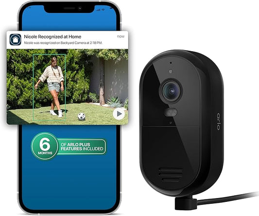 Arlo Essential Security Camera 2K (2025 Release) + 6 Months of Secure Plus Plan - Continuous Wired Plug-in Power Outdoor Camera, Person Recognition, Package Detection, Animated Preview, 1 Cam, Black