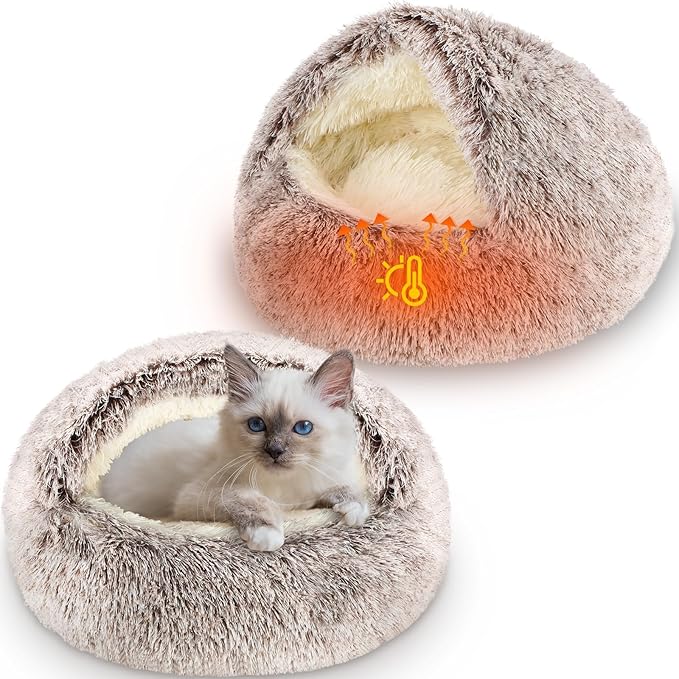 Cinnvoice 2 Pcs Self Warming Cat Beds with Hood, Self Heating Dog Cave Bed, Fluffy Round Covered Pet Pad, Plush Hooded Pet Beds with Non-Slip Bottom for Indoor Cat or Small Middle Dog(Coffee,20 in)