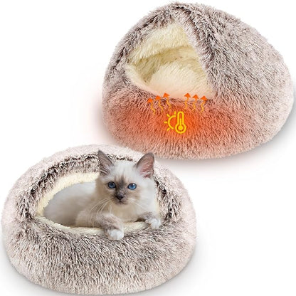Cinnvoice 2 Pcs Self Warming Cat Beds with Hood, Self Heating Dog Cave Bed, Fluffy Round Covered Pet Pad, Plush Hooded Pet Beds with Non-Slip Bottom for Indoor Cat or Small Middle Dog(Coffee,20 in)