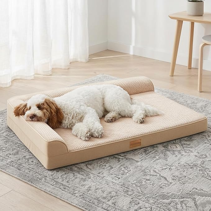 Orthopedic XL Dog Bed Large Sized Dog 42''X28'', Waterproof L Bolster Egg Crate Foam Big Pet Crate Beds with Washable Removable Cover, Non-Slip Soft Pet Couch Sleep Mat, Ivory