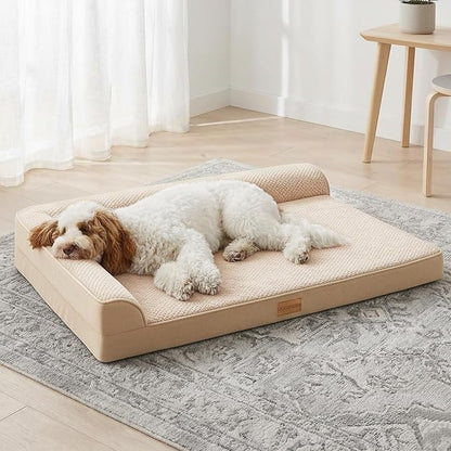 Orthopedic XL Dog Bed Large Sized Dog 42''X28'', Waterproof L Bolster Egg Crate Foam Big Pet Crate Beds with Washable Removable Cover, Non-Slip Soft Pet Couch Sleep Mat, Ivory