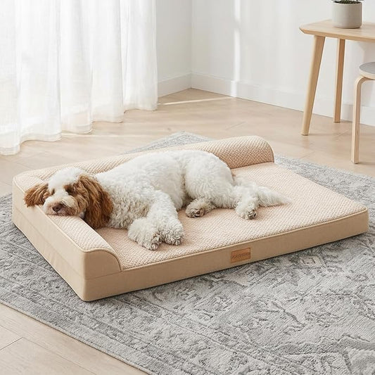 Orthopedic Dog Bed Medium Size Dog 30''X20'', Waterproof L Bolster Egg Crate Foam Pet Crate Beds with Washable Removable Cover, Non-Slip Soft Pet Couch Sleep Mat, Ivory
