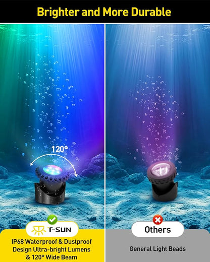 T-SUN Colored Underwater Pond Lights with APP & Remote Control 10 Pack | IP68 Waterproof Submersible Fountain Lights, Dimmable Timer Pond Lights Led Underwater for Outdoor Pond Fish Aquarium Garden
