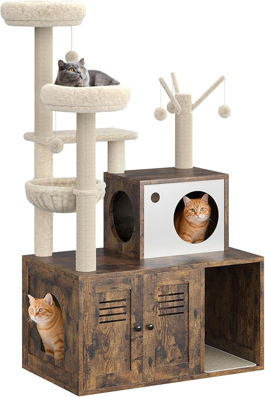 Furniture Style Cat Tree Tower & Hidden Litter Box Cabinet Combo – Multi-Level Cat House with Sisal Scratching Posts, Perch & Luxury Hammock