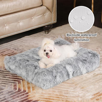 Bedfolks Waterproof Crate Bed, Plush Dog & Cat Bed with Removable Washable Cover, Faux Fur Kennel Pad, 21"x13", Dark Grey