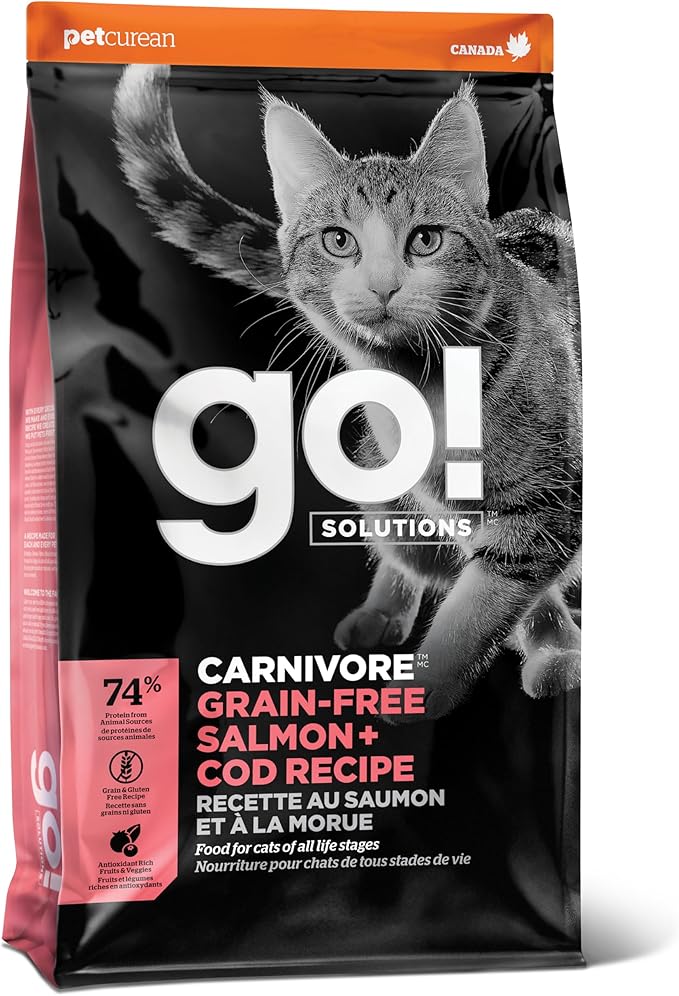 Go! Solutions Carnivore Salmon + Cod Grain-Free Dry Cat Food, Our Highest-Protein Kibble Made with Real Meat & Fish, Chicken-Free Recipe, for Kittens, Adults & Seniors, 16 lb Bag