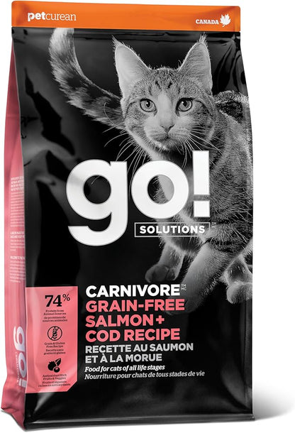 Go! Solutions Carnivore Salmon + Cod Grain-Free Dry Cat Food, Our Highest-Protein Kibble Made with Real Meat & Fish, Chicken-Free Recipe, for Kittens, Adults & Seniors, 3 lb Bag