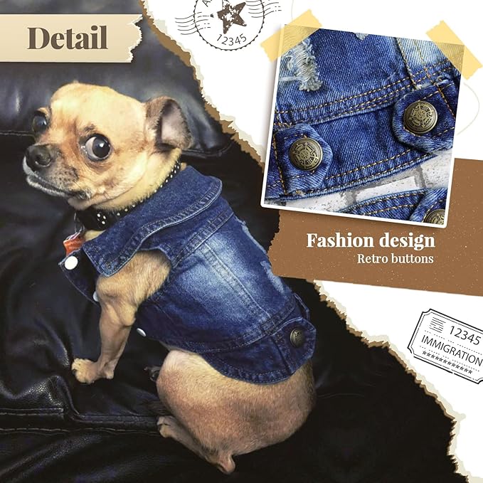 Cool Dog Jean Jacket Small Puppy Outfits Frenchie Clothes Denim Coats for Small Medium Dogs Cats Boys Girls Pet Vest Dog Shirt Clothing Doggy Costume (Blue, S（Suggest 4-6 lbs）)