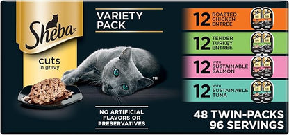 Sheba Perfect Portions Wet Cat Food Cuts in Gravy, Roasted Chicken Entree, Tender Turkey Entree, with Sustainable Salmon, and with Sustainable Tuna, 2.6 oz. Twin-Pack Trays (48 Count, 96 Servings)