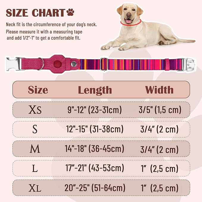 AirTag Dog Collar for Small Medium Large Breed - Adjustable Cute Pattern Dog Collar with Airtag Holder - Soft Leather Tracker GPS Apple Air Tag Pet Collars (Medium, 14"-18" Neck Fit, Striped)