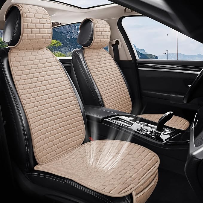 VarCozy Linen Car Seat Covers, Breathable Front Pair Seat Covers for Cars with Non-Slip Protector for All Seasons, Universal Front Seat Covers for Cars, SUVs, Trucks