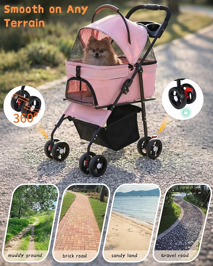 Pet Stroller with Removable Carrier, 35lbs Capacity - One-Click Foldable Dog Stroller, Cat Carrier & All-Terrain Wheels, Compact Travel Pet Stroller for Small to Medium Pets-Pink