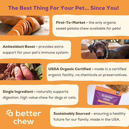 A Better Treat – Organic Sweet Potato Dog Treats, Single Ingredient, Dehydrated | Natural, Healthy, Long Lasting Chew, Diabetic Friendly | Sourced and Made in the USA