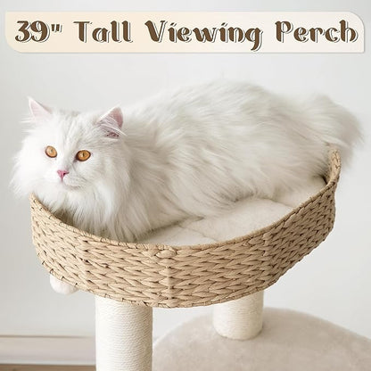 Modern Cat Tree, 39" Tall Cat Tree Tower for Cats, Cat Condo with Scratching Posts, Multi-Level Solid Wood Tower & Top Perch, Cat Furniture for Big Cats