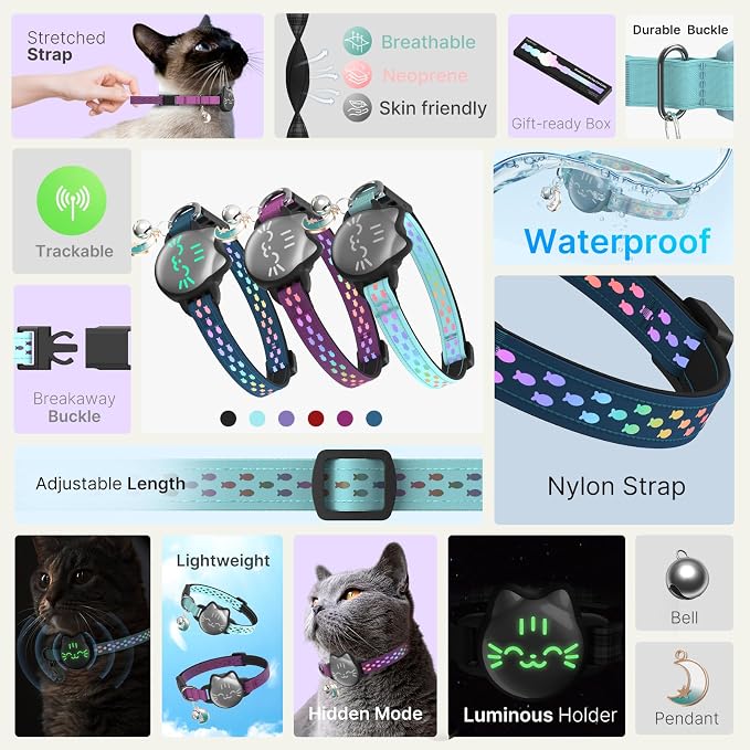 AirTag Cat Collar, Reflective Breakaway Collar, Hidden Holder with Bell | Compatible with Apple AirTag 1st & 2nd Gen, Lightweight Water-Resistant Strap for Cats, AirTag Not Included
