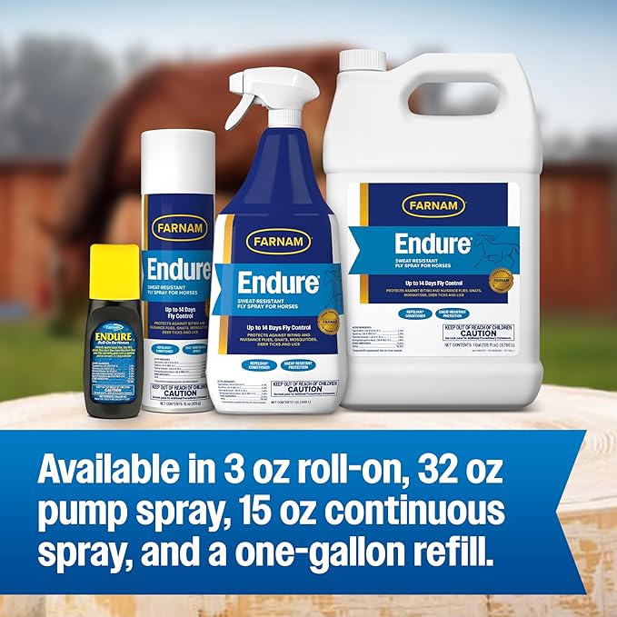 Farnam Endure Fly Spray for Horses - Long-Lasting Sweat-Resistant Fly Repellent, Repels Flies, Mosquitoes, Gnats and Ticks, Up to 14 Days Fly Control - 32 oz Spray