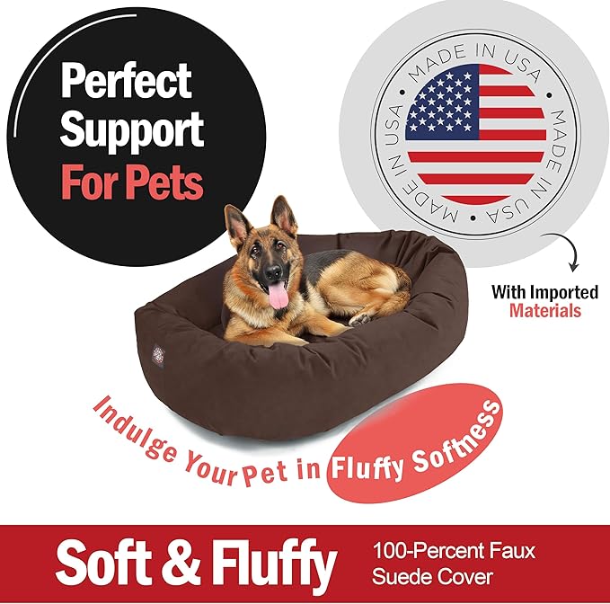 Majestic Pet Suede Shredded Memory Foam Mix Calming Dog Bed Washable - Cozy Soft Round Dog Bed with Spine for Head Support - Fluffy Donut Dog Bed, 52 Inch, Chocolate