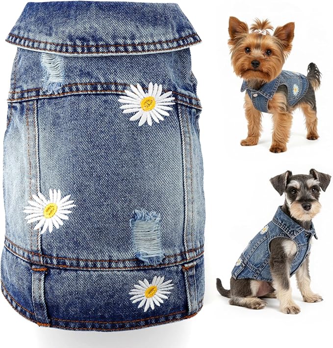 Pawstrip Dog Denim Jacket with Embroidered Daisy, Ripped Vintage Jean Vest for Small Dogs, Pugs, Chihuahuas, Spring Summer Fall Festival Outfit, X-Large (Fits Chest 17-18")