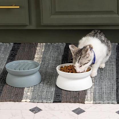 Kitty City Elevated Slow Feeder Cat Bowls (Set of 2), Whisker-Friendly Raised Cat Food Dishes with Ridges, Helps Reduce Fast Eating & Digestion Issues, Dishwasher Safe, 10.8 oz – White & Gray