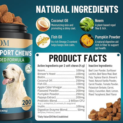 Flea and Tick Prevention for Dogs Chewable, 200 Soft Treats Natural Oral Dog Flea and Tick Treatment Chews Support Dog Skin & Digestive Supplement for Dogs Puppies All Breeds & Ages, Beef Flavor