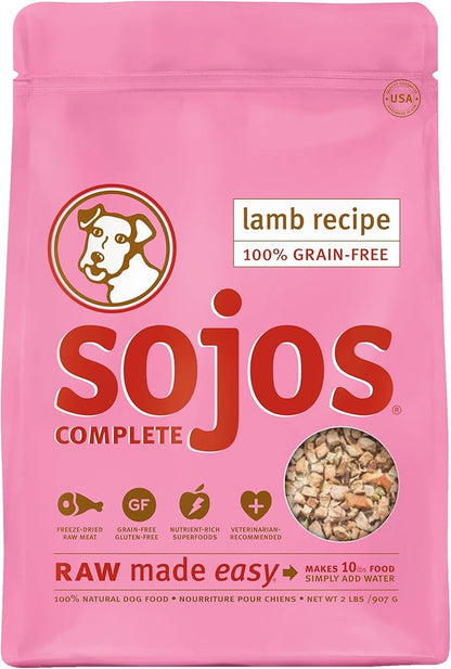 Sojos Complete Natural Grain Free Dry Raw Freeze Dried Dog Food Mix, Lamb, 2-Pound Bag