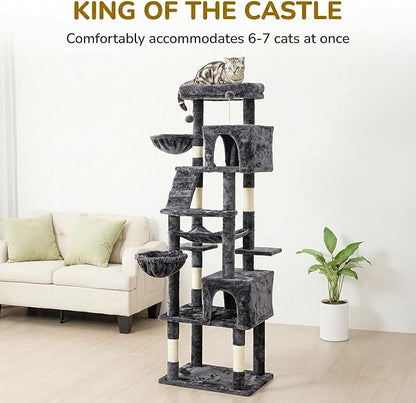 Large Cat Tree with Scratching Posts, Bed, Hammocks & Condos – Multi-Level Cat Tower for Playful Cats, 74" Modern Jungle Gym for Multiple Cats, Grey