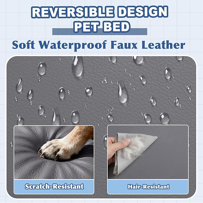 Vonabem Outdoor Waterproof Large Dog Bed Washable, Leather Pet Bed with Removable Cover Reversible, Durable Foam Orthopedic Anti-Slip Dog Pads Wipeable 36"x27" Grey