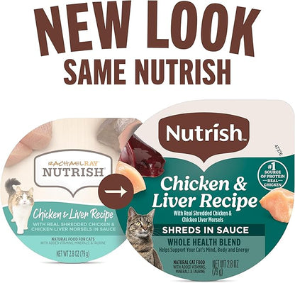 Nutrish Grain Free Wet Cat Food Chicken & Liver Recipe Whole Health Blend with Real Shredded Chicken & Chicken Liver Morsels in Sauce Wet Cat Food, 2.8 oz. Cup (Rachael Ray) (Pack of 24)