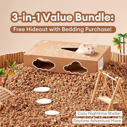 BUCATSTATE Cork Bedding 5L, Natural Hamster Bedding Odor Control for Dwarf Syrian Hamsters, Gerbils, Mice, Low-dust Hamster Substrate with Paper Hideout Box (Grain 4-5mm)
