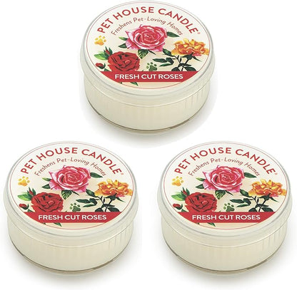 Pet House Mini Candles for Pet Odor Made with Natural Soy Wax, Plant Based, Dog and Cat Friendly Scented Candles, Fresh Cut Roses Pack of 3
