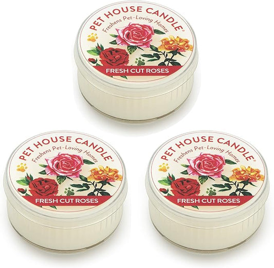 Pet House Mini Candles for Pet Odor Made with Natural Soy Wax, Plant Based, Dog and Cat Friendly Scented Candles, Fresh Cut Roses Pack of 3
